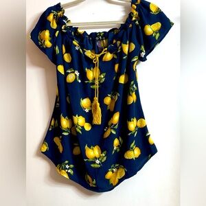 Fashion signature 2U Lemon Print Milkmaid Top Womens Blue Rockabilly Retro. Sz L
